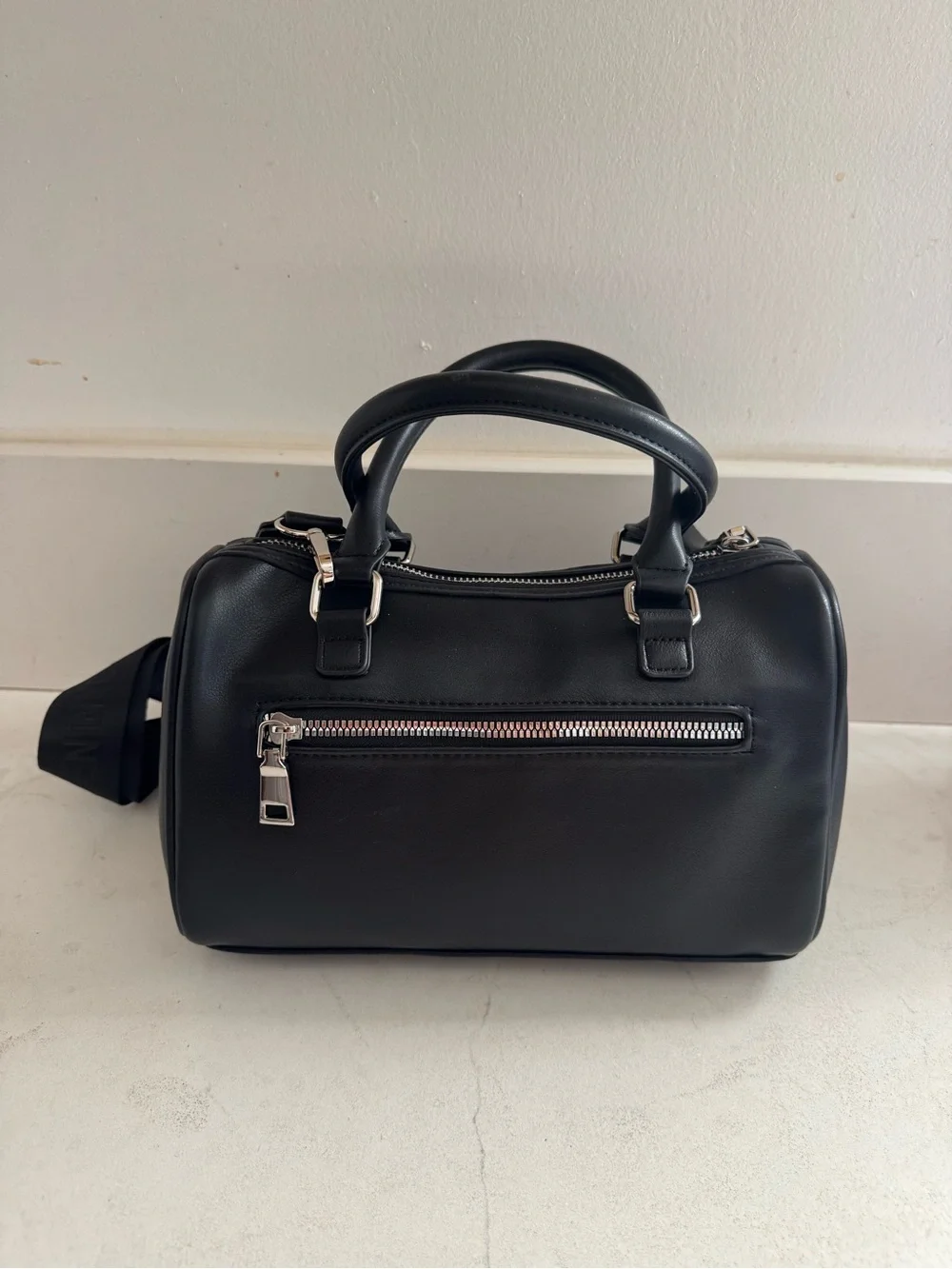 NWT- core barrel Madden NYC Black Satchel with Wide Logo Strap.